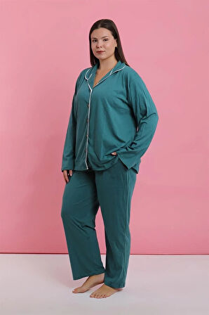 Moda Kadın Büyük Beden Petrol Rengi Düğmeli Pijama Takımı