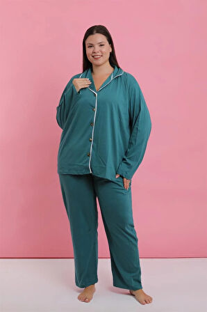 Moda Kadın Büyük Beden Petrol Rengi Düğmeli Pijama Takımı