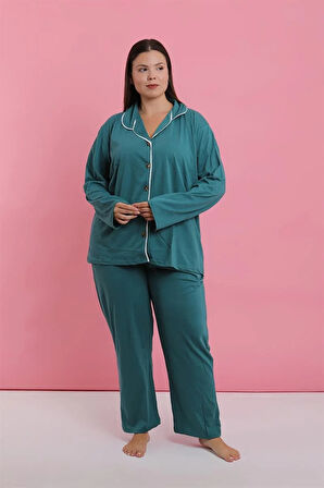 Moda Kadın Büyük Beden Petrol Rengi Düğmeli Pijama Takımı