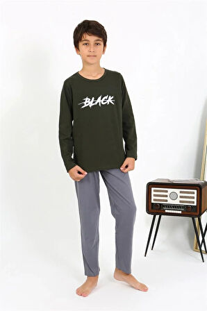 Moda Erkek Çocuk Uzun Kol Penye Pijama Takım Haki