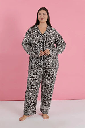 Moda Kadın Büyük Beden Leopar Desenli Düğmeli Pijama Takımı
