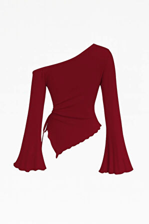 Kadın Bordo Uzun İspanyol Kollu Asimetirik Yaka Yandan Bağlamalı Drapeli Bluz