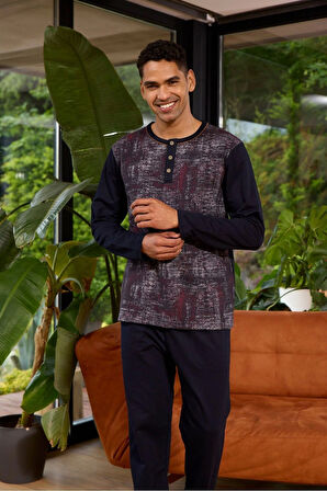 Erkek 8053 Erkek  Midi Yaka Uzun Kollu Pijama Takımı