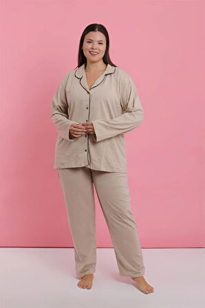 Moda Kadın Büyük Beden Bej Düğmeli Pijama Takımı