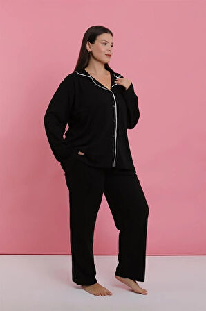 Moda Kadın Büyük Beden Siyah Düğmeli Pijama Takımı