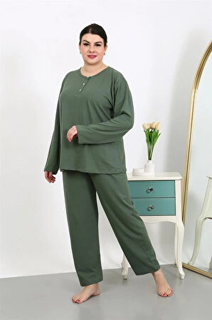 Moda Kadın Büyük Beden Uzun Kol Penye Pijama Takımı Haki
