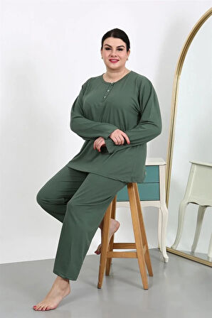 Moda Kadın Büyük Beden Uzun Kol Penye Pijama Takımı Haki