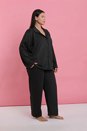 Moda Kadın Büyük Beden Füme Düğmeli Pijama Takımı