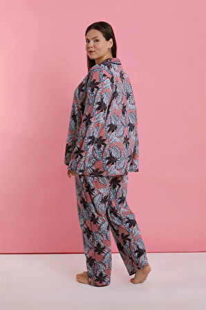 Moda Kadın Büyük Beden Somon Yaprak Desenli Düğmeli Pijama Takımı