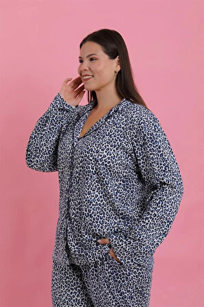 Moda Kadın Büyük Beden Mavi Leopar Desenli Düğmeli Pijama Takımı