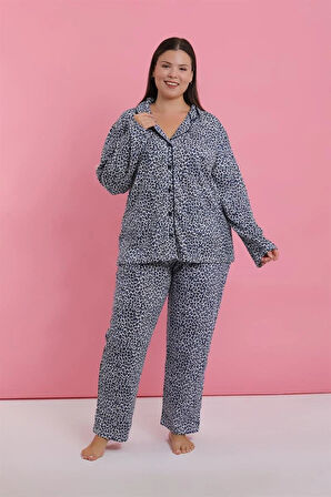 Moda Kadın Büyük Beden Mavi Leopar Desenli Düğmeli Pijama Takımı