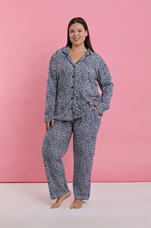 Moda Kadın Büyük Beden Mavi Leopar Desenli Düğmeli Pijama Takımı