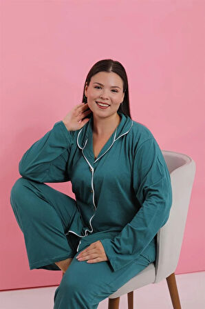 Moda Kadın Büyük Beden Petrol Rengi Düğmeli Pijama Takımı