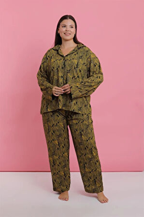 Moda Kadın Büyük Beden Tropikal Yaprak Desenli Düğmeli Pijama Takımı