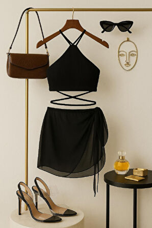 Kadın Siyah Çapraz Bağlamalı Crop Ve Pareo 2'li Set