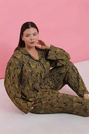Moda Kadın Büyük Beden Tropikal Yaprak Desenli Düğmeli Pijama Takımı