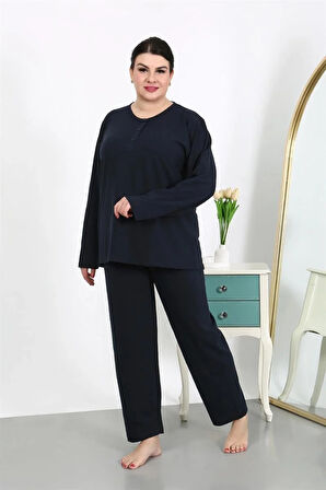 Moda Kadın Büyük Beden Uzun Kol Penye Pijama Takımı Lacivert