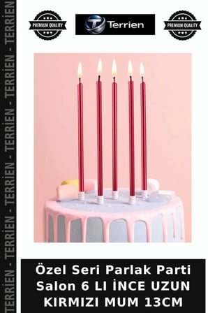 Özel Seri Parlak Parti Salon 6 LI İNCE UZUN KIRMIZI MUM 13CM