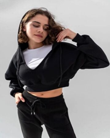 Kadın Siyah Kapüşonlu V Yaka Crop Kalın İçi Polarlı Örme Sweatshirt