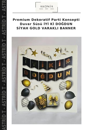 Premium Dekoratif Parti Konsepti Duvar Süsü İYİ Kİ DOĞDUN SİYAH GOLD VARAKLI BANNER