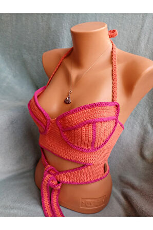 Vip Handmade Turuncu-Pembe Crop Top Büstiyer