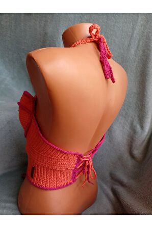 Vip Handmade Turuncu-Pembe Crop Top Büstiyer