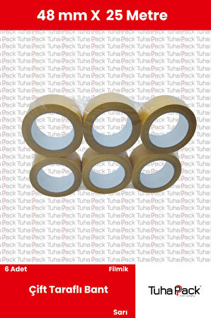 Çift Taraflı Bant 48mm X 25m Şeffaf Filmik (6 Adet) - Güçlü, Şerit Montaj ve Çok Amaçlı Kullanım