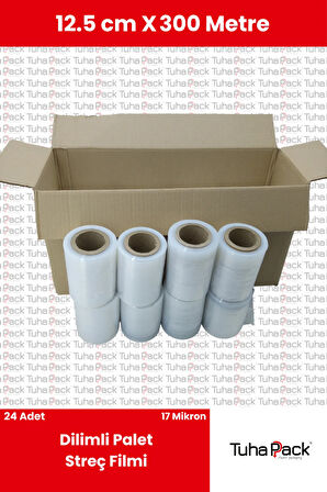 Dilimli Streç Film 12.5cm x 300m Şeffaf 17 Mikron (24'lü Paket) - Koli, Eşya ve Palet Streçi