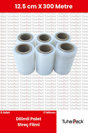 Dilimli Streç Film 12.5cm x 300m Şeffaf 17 Mikron (6'lı Paket) - Koli, Eşya ve Palet Streçi