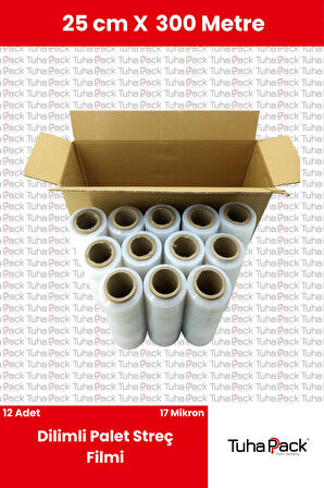 Dilimli Streç Film 25cm x 300m Şeffaf 17 Mikron (12'li Paket) - Palet, Koli ve Ağaç Aşılama Streçi