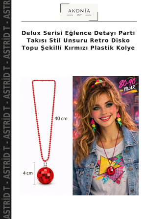 Delux Serisi Eğlence Detayı Parti Takısı Stil Unsuru Retro Disko Topu Şekilli Kırmızı Plastik Kolye