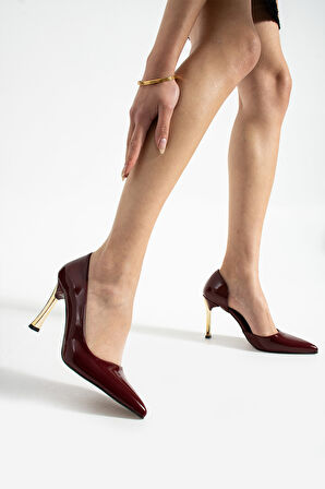 ORPNY Bordo Rugan Kadın Stiletto Altın 9cm Topuklu Kadın Topuklu Ayakkabı