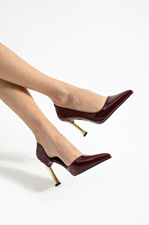 ORPNY Bordo Rugan Kadın Stiletto Altın 9cm Topuklu Kadın Topuklu Ayakkabı