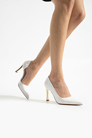 ORPNY Beyaz Rugan Kadın Stiletto Altın 9cm Topuklu Kadın Topuklu Ayakkabı
