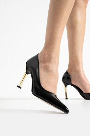 ORPNY Siyah Rugan Kadın Stiletto Altın 9cm Topuklu Kadın Topuklu Ayakkabı