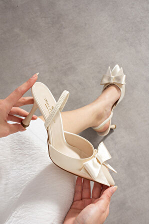 CESSY Fiyonklu Bej Saten Kadın Topuklu Ayakkabı