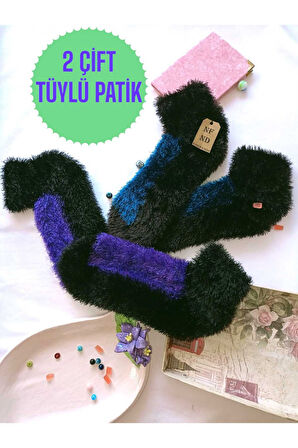 2 ÇİFT TÜYLÜ KIŞLIK TERMAL PATİK DİKİŞSİZ ÇORAP MOR LACİVERT ERKEK KADIN EV-PARTİ ÇORABI 36-41