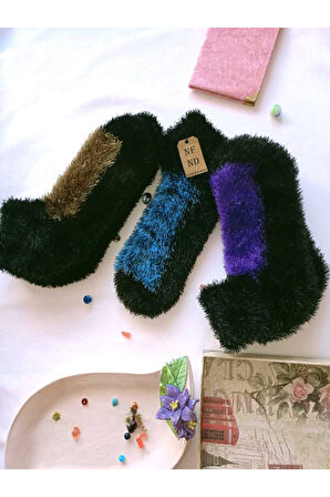 3 ÇİFT TÜYLÜ KIŞLIK TERMAL PATİK DİKİŞSİZ ÇORAP MOR MAVİ YEŞİL ERKEK KADIN EV-PARTİ ÇORABI 36-41