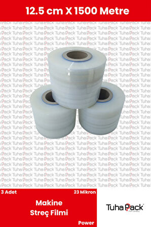 Makine Streç Filmi 12.5cm x 1500m Şeffaf 23 Mikron (3 Adet) - Power Palet Streci