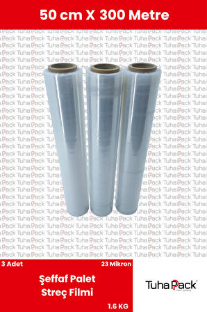 Streç Film 50cm X 300m 3 Adet, Şeffaf, 23 Mikron, 1600 Gr, Dayanıklı Eşya, Koli ve Palet Streci