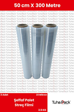 Streç Film 50cm X 300m 3 Adet, Şeffaf, 23 Mikron, 2500 Gr, Dayanıklı Eşya, Koli ve Palet Streci