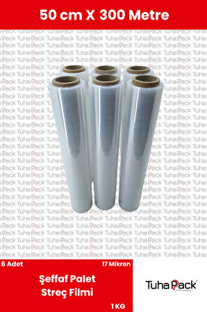 Streç Film 50cm X 300m 6 Adet, Şeffaf, 17 Mikron, 1000 Gr, Dayanıklı Eşya, Koli ve Palet Streci