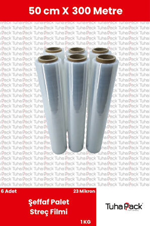 Streç Film 50cm X 300m 6 Adet, Şeffaf, 23 Mikron, 1000 Gr, Dayanıklı Eşya, Koli ve Palet Streci