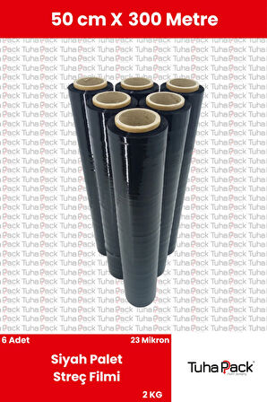 Streç Film 50cm X 250m 6 Adet, Siyah, 23 Mikron, 2000 Gr, Dayanıklı Eşya Ve Koli Streci