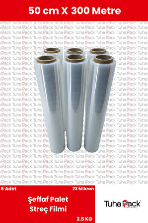 Streç Film 50cm X 300m 6 Adet, Şeffaf, 23 Mikron, 2500 Gr, Dayanıklı Eşya, Koli ve Palet Streci