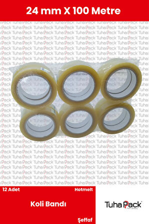 Koli Bandı 24mm X 100m Hotmelt Şeffaf (12 Adet) - Güçlü Yapışkanlı Koli Bandı