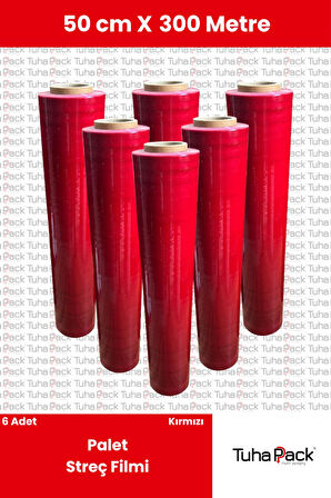 Kırmızı Palet Streç Filmi 50cm x 300m - 23 Mikron, 6 Adet, Dayanıklı Eşya ve Koli Streci