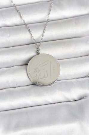 316L Çelik Gümüş Renk Ayetel Kürsi ve Allah Yazılı Kolye