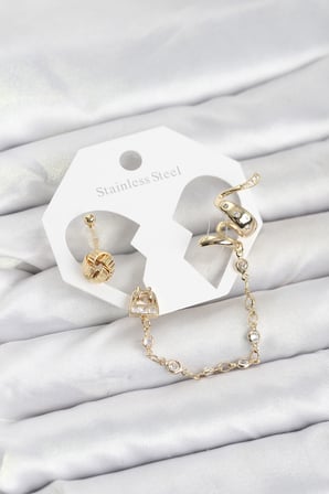 Pirinç Gold Renk Yılan Model Zincir Bağlantılı Ear Cuff Küpe Seti