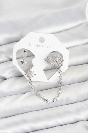 Kutup Yıldızı Model Pirinç Gümüş Renk Zincir Bağlantılı Ear Cuff Küpe Seti